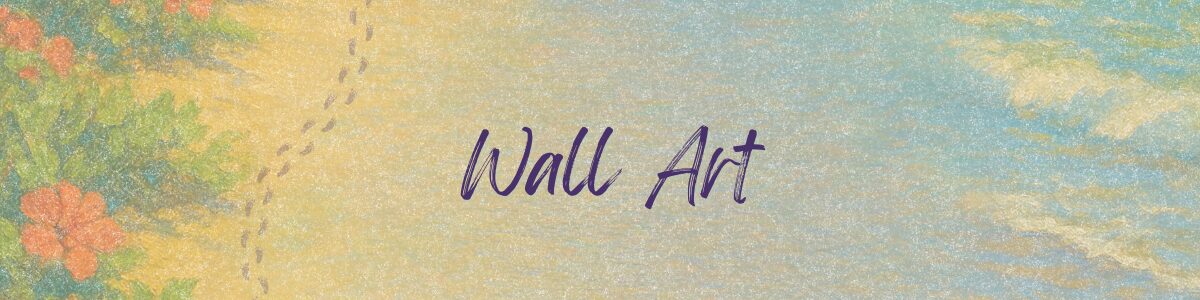 Soft, painterly banner featuring a shoreline with gentle waves on the right and warm sandy tones with greenery and orange blossoms on the left, with the words “Wall Art” written in elegant purple script.