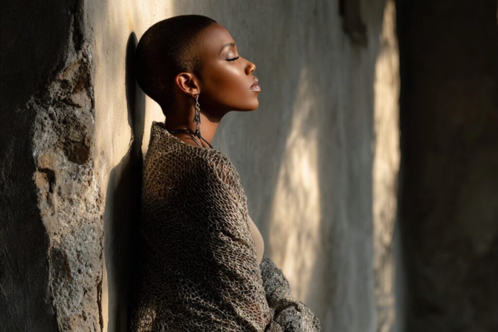 A woman resting against a textured wall in soft natural light with eyes closed, reflecting gentle readiness and inner discernment