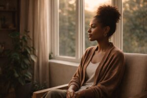 Calm woman sitting quietly in soft natural light, reflecting a season of pause and inner resilience