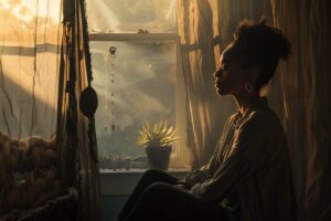 Calm woman sitting by a window in soft natural light, reflecting pause, self-compassion, and emotional grounding