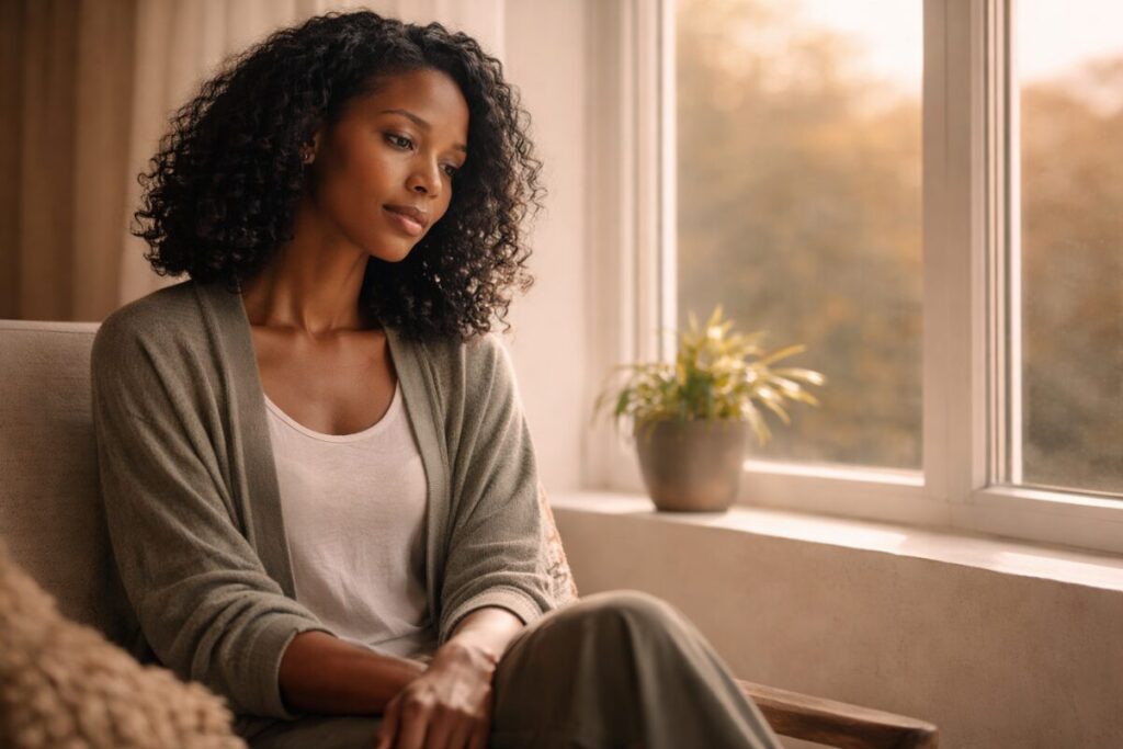 Calm woman sitting quietly in soft natural light, reflecting inward with a grounded and thoughtful expression