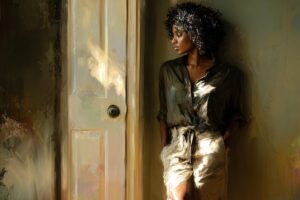 Woman standing quietly beside a door in soft natural light, reflecting readiness for gentle forward movement without urgency