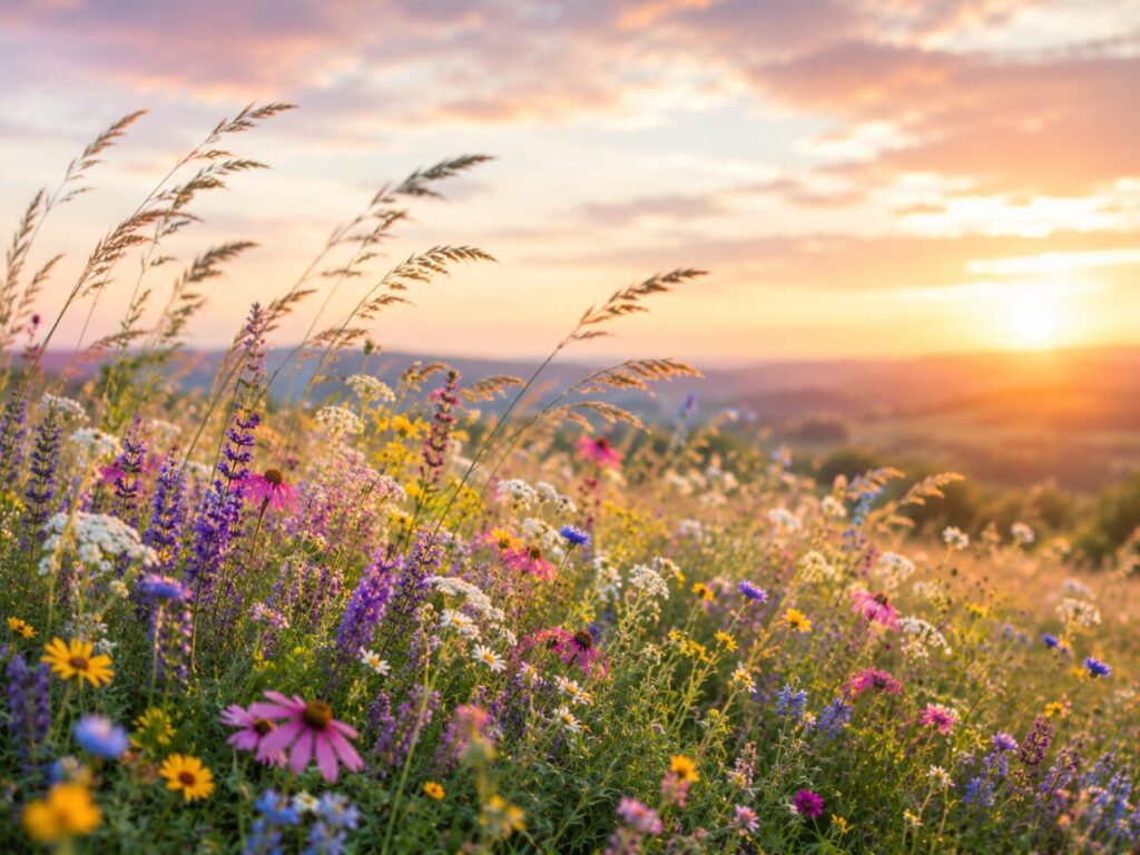 Wildflowers and tall grasses bending in the wind at sunset, symbolizing change, healing, and new beginnings