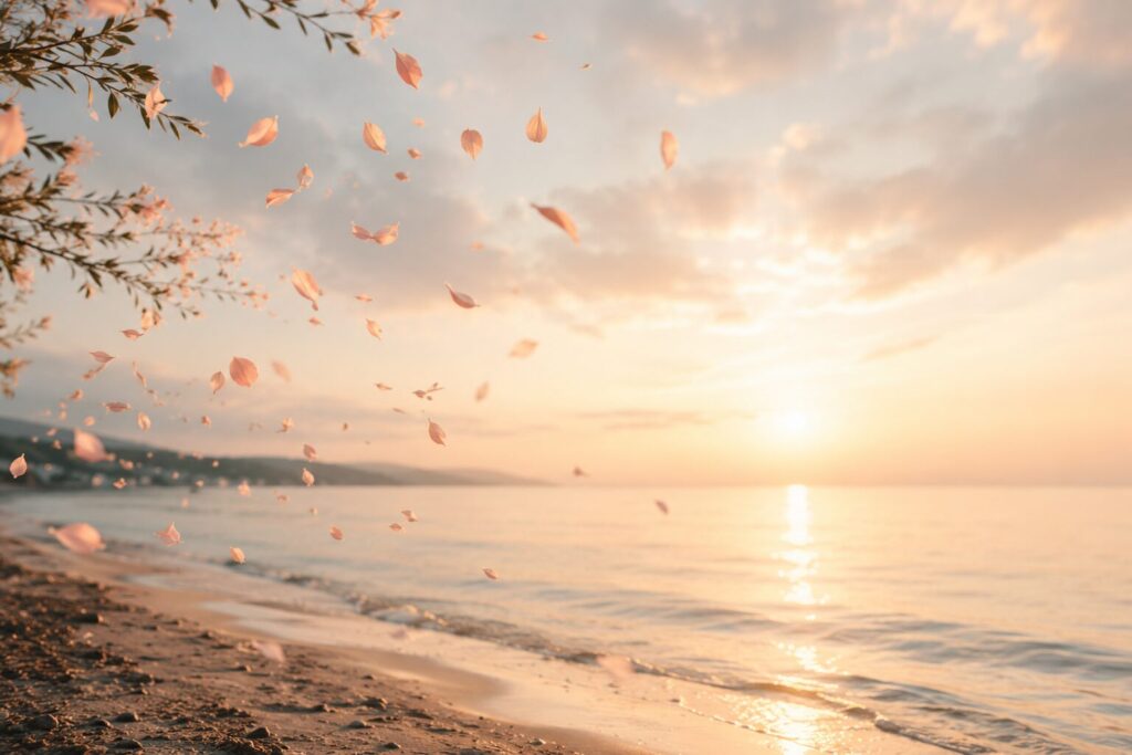 Soft flower petals drifting through the wind beside a peaceful shoreline at sunset, symbolizing release, healing, and emotional freedom