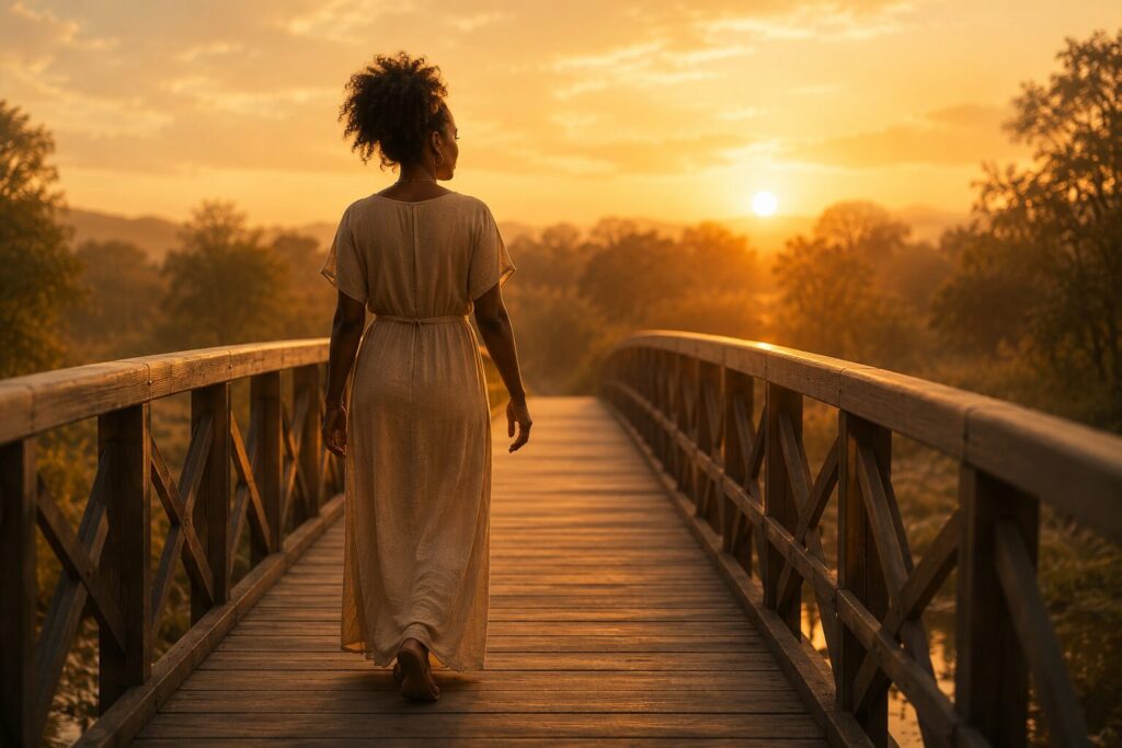 A woman walking across a softly illuminated bridge at golden sunset, symbolizing healing, hope, and moving forward through love.