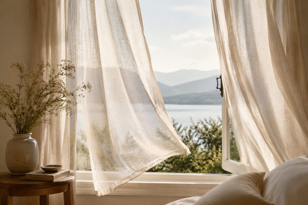 Soft linen curtains blowing through an open window beside a peaceful lakeside view, symbolizing rest, stillness, and emotional renewal