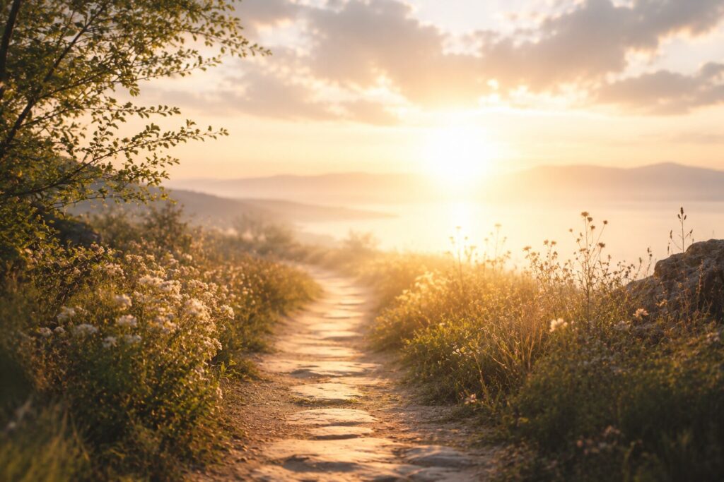 Sunlit pathway winding through wildflowers toward glowing light on the horizon, symbolizing trust, hope, and moving forward in faith