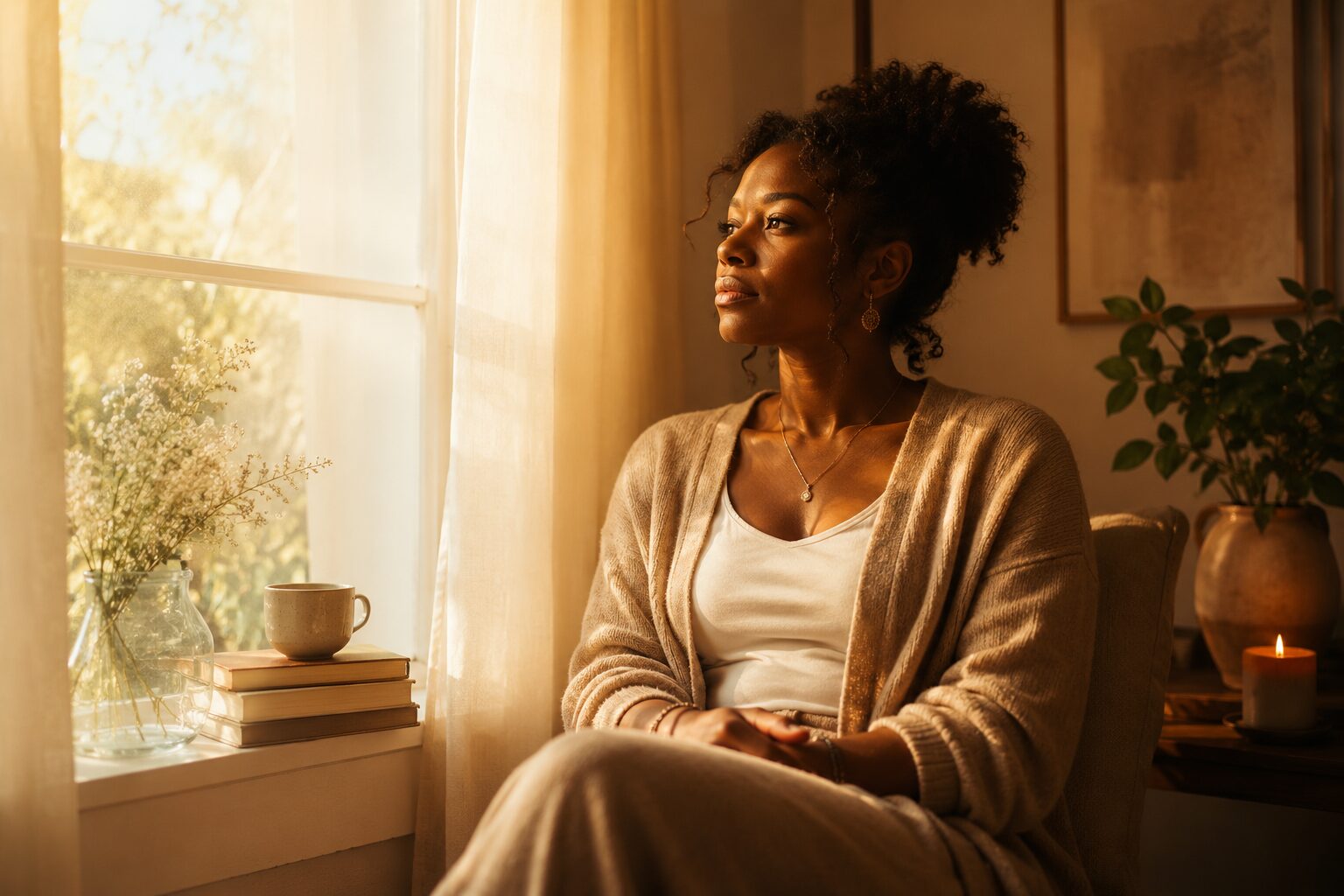 A woman seated near a softly glowing window in warm golden light, reflecting quietly in a peaceful moment of emotional healing and contemplation.