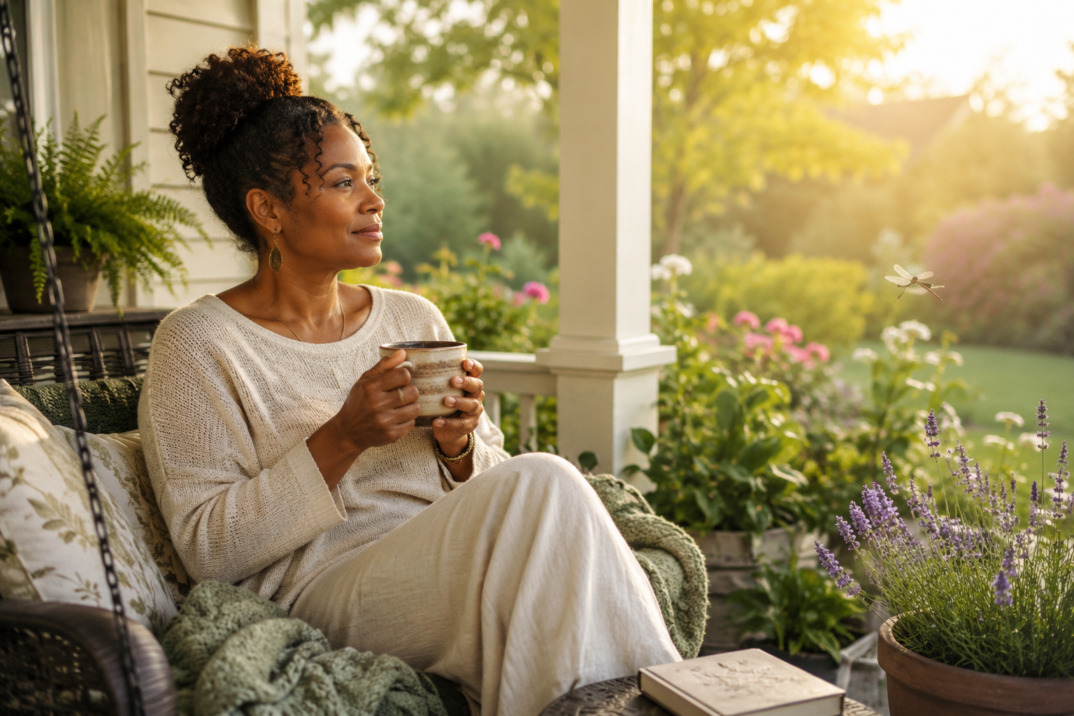 A contemplative Black woman in her 40s sits on a covered porch on a peaceful summer morning, holding a cup of tea while looking over a blooming garden in warm golden sunlight.