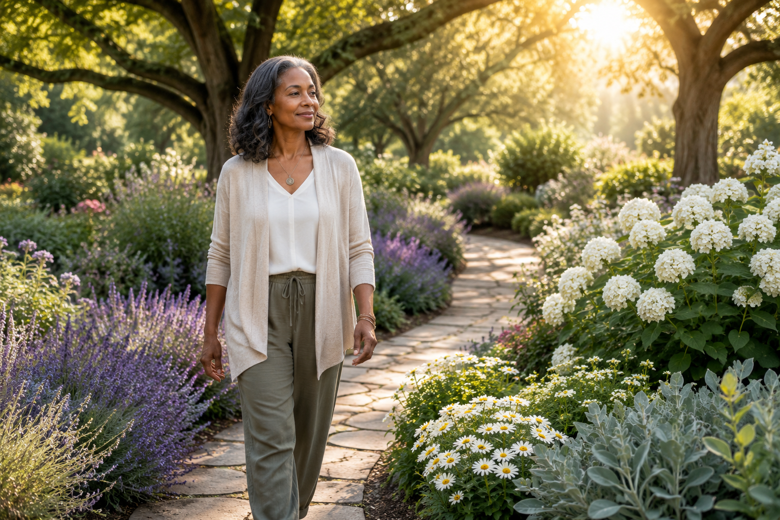 A Black woman in her early 50s walks peacefully along a winding garden path surrounded by blooming lavender, white hydrangeas, daisies, and lush sage-green foliage. Warm morning sunlight filters through mature oak trees as she smiles softly, enjoying the quiet beauty of the moment.