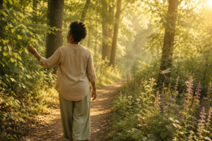 A Black woman walking peacefully along a forest path in soft morning sunlight surrounded by lush green trees and wildflowers, symbolizing healing through nature.