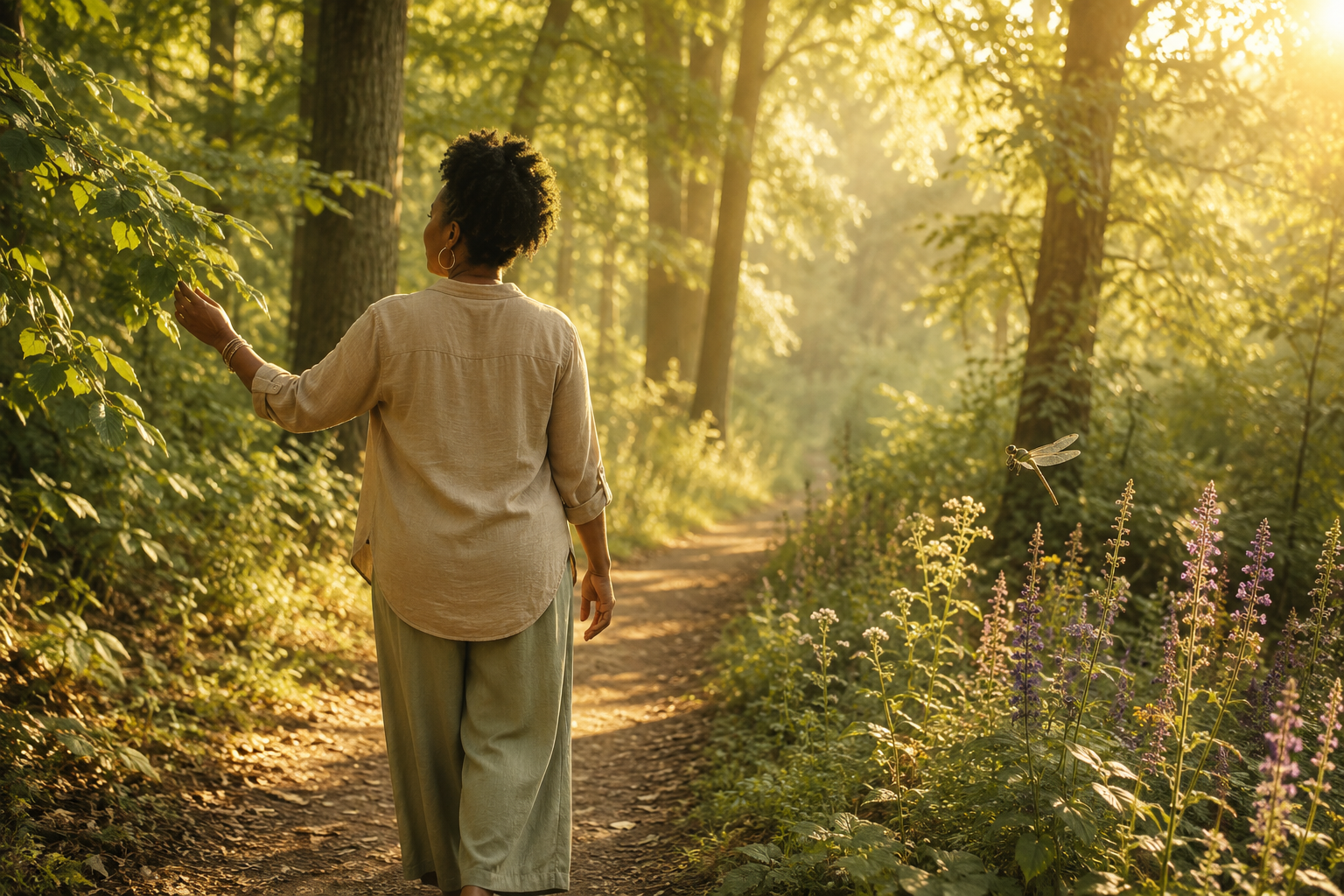 A Black woman walking peacefully along a forest path in soft morning sunlight surrounded by lush green trees and wildflowers, symbolizing healing through nature.