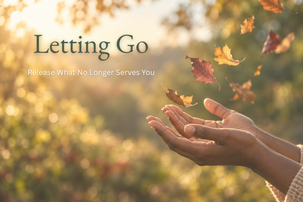 Black woman’s open hands releasing autumn leaves in warm golden sunlight, symbolizing letting go and renewal.