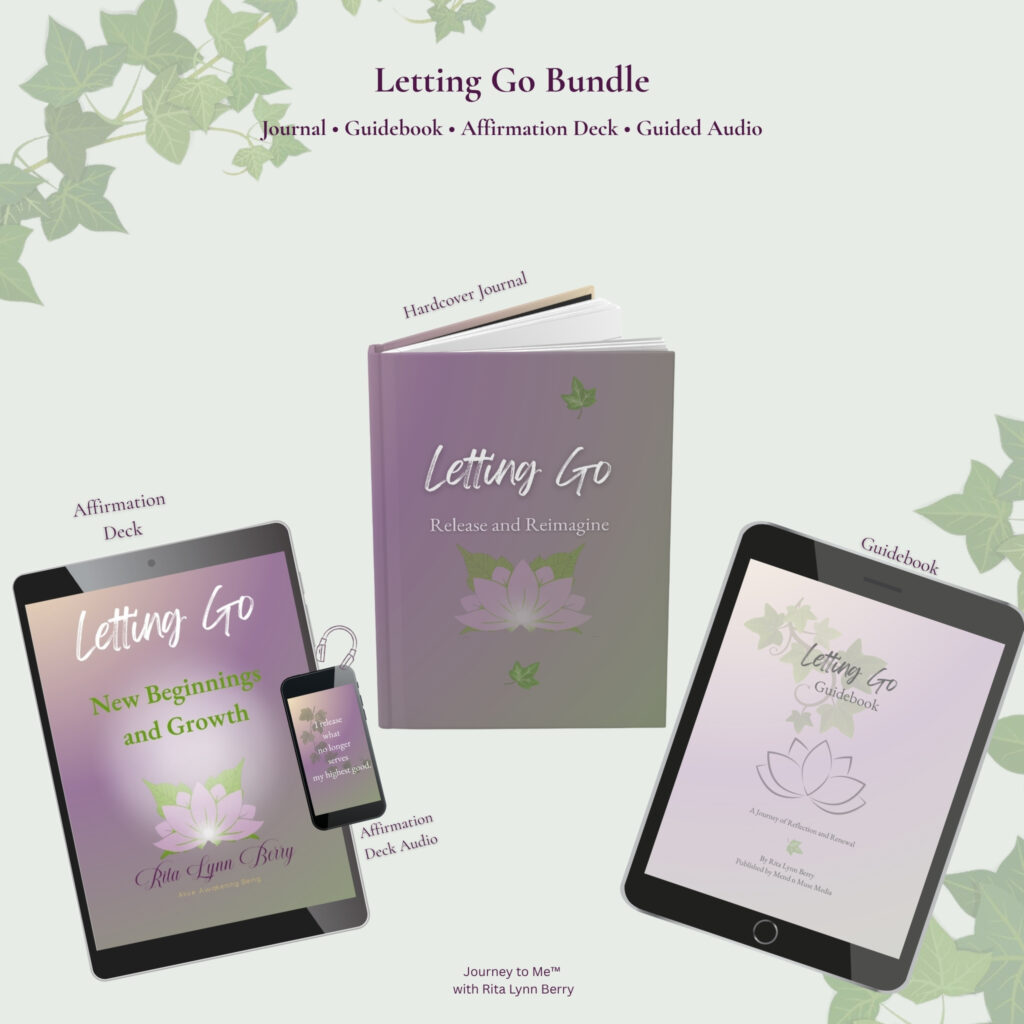 Letting Go Bundle with hardcover journal, affirmation deck, guided audio, and reflection guidebook in lavender and sage branding.