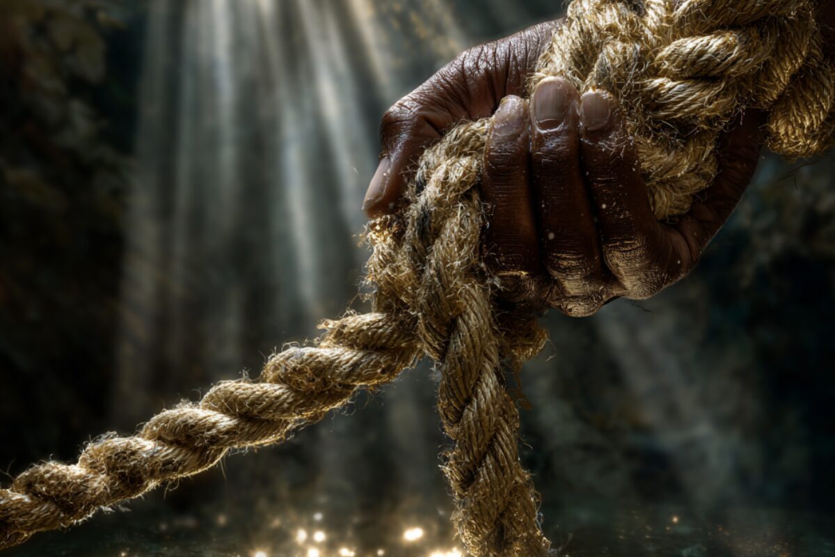 Holding On Too Tightly Hand gripping rope tightly with light shining through, symbolizing holding on too tightly and the call to release in faith