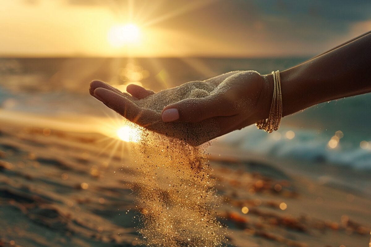 The Illusion of Control – Sand Slipping Through Hands Devotional Image Close-up of a woman’s hand with sand slipping through her fingers at sunset, symbolizing the illusion of control and trusting God.