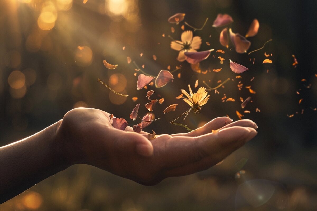 The Quiet Gift of Release – Devotional Image Gentle hands releasing flower petals into warm golden sunlight, symbolizing the quiet gift of release, peace, and surrender to God.