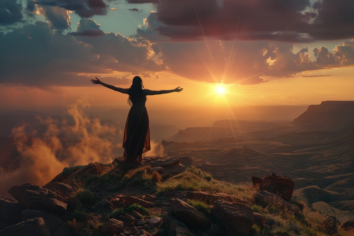 Dancing in the Freedom of Letting Go – Devotional Image Silhouette of a woman standing on a mountaintop with arms wide open at sunrise, symbolizing freedom, joy, and the Spirit’s presence in letting go.