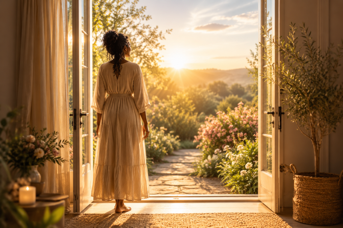 Black woman standing barefoot in an open doorway at sunrise, looking out toward a peaceful garden path filled with warm golden light, symbolizing renewal, grace, healing, and gentle new beginnings.