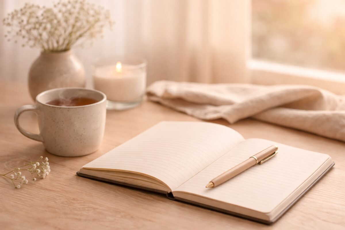 Calm journal and morning light with the words “Begin Again” for a grounding and fresh start theme