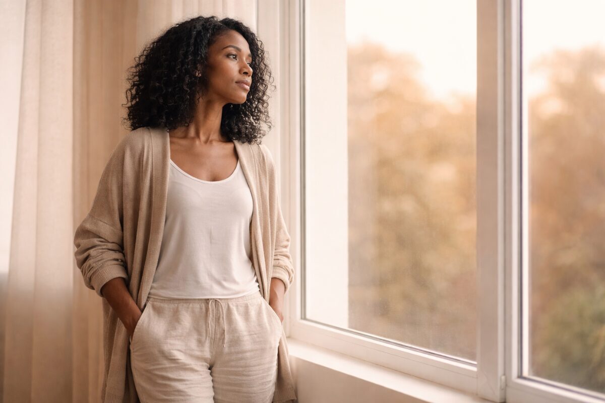 Person standing quietly near a window in soft natural light, symbolizing grounding and beginning again without a plan