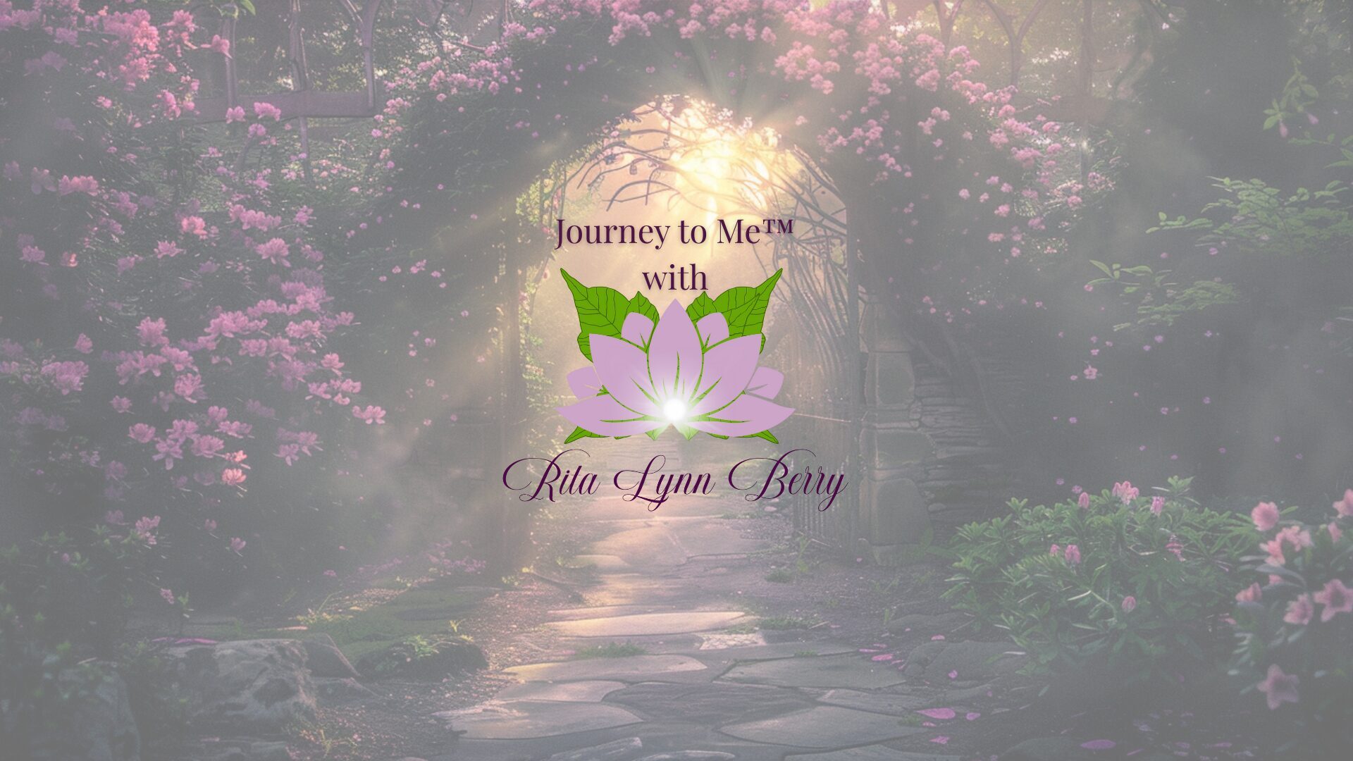 Dreamlike floral archway with soft sunrise and the Journey to Me™ lotus logo, symbolizing awakening, healing, and the guided inward journey with Rita Lynn Berry.