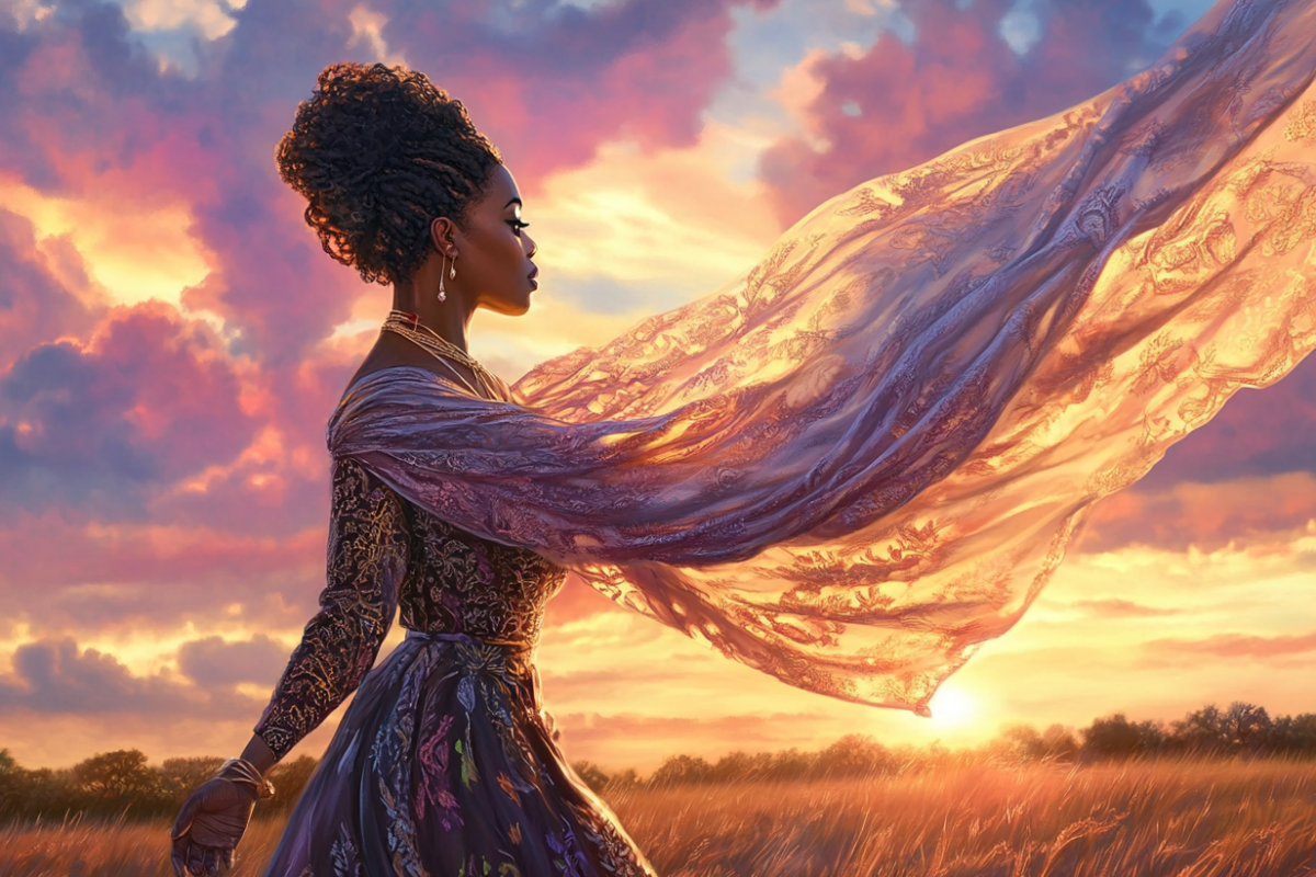 A woman standing at a cliff’s edge, sunlight behind her, calmly releasing a shawl into the wind