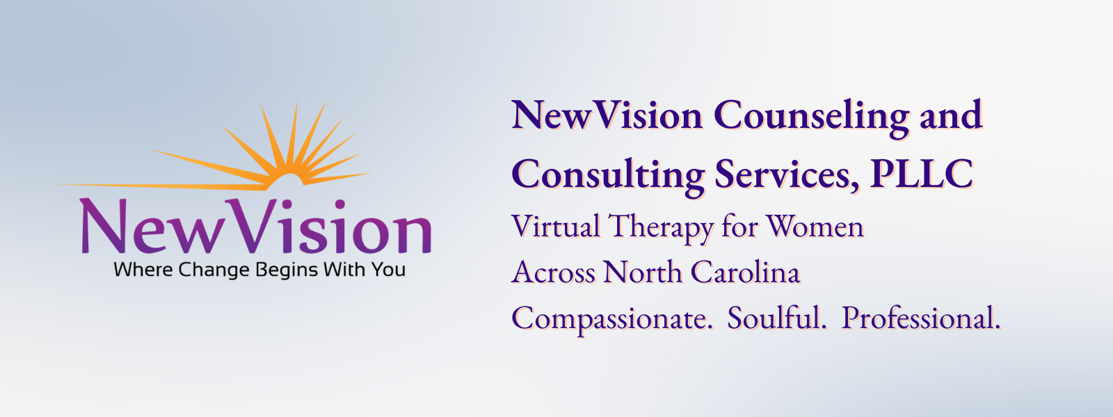 NewVision Page Header NewVision Counseling and Consulting Services, PLLC logo with tagline and therapy service description—virtual therapy for women across North Carolina.