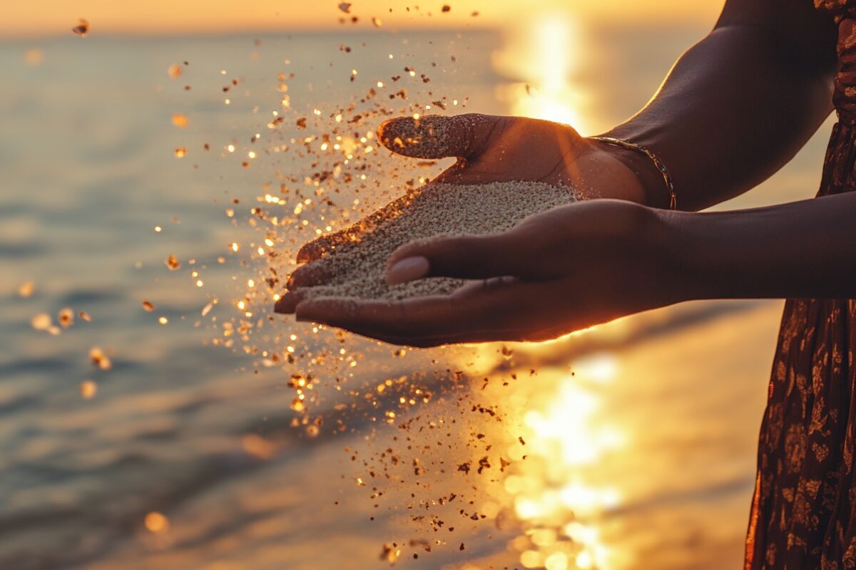 Opening Your Hands Open woman's hands releasing sand at sunset, symbolizing letting go