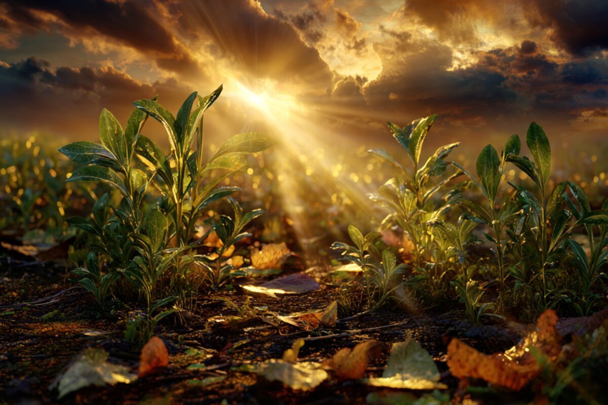 Sunrise Over New Beginnings – Fresh Growth in the Light Sunrise over a green field with fresh sprouts, symbolizing renewal and new beginnings