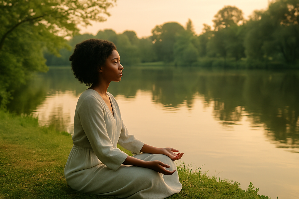 Rooted in Stillness A Morning of Quiet Strength A Black woman sits quietly on the grass beside a still pond at sunrise, dressed in a flowing off-white dress with her hands resting open beside her, gazing softly across the water.