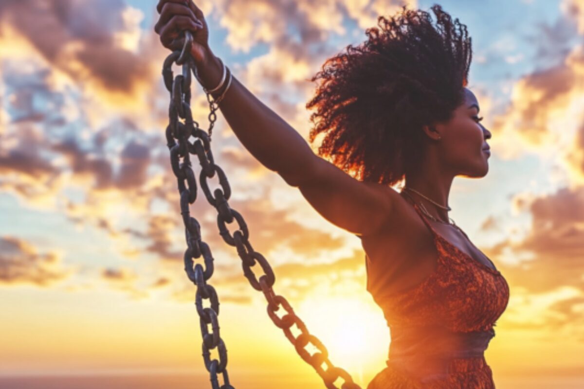 Strength and Resilience — Rising Free at Dawn A woman stands at sunrise holding broken chains, her face turned toward the light, symbolizing strength, resilience, and freedom after hardship.