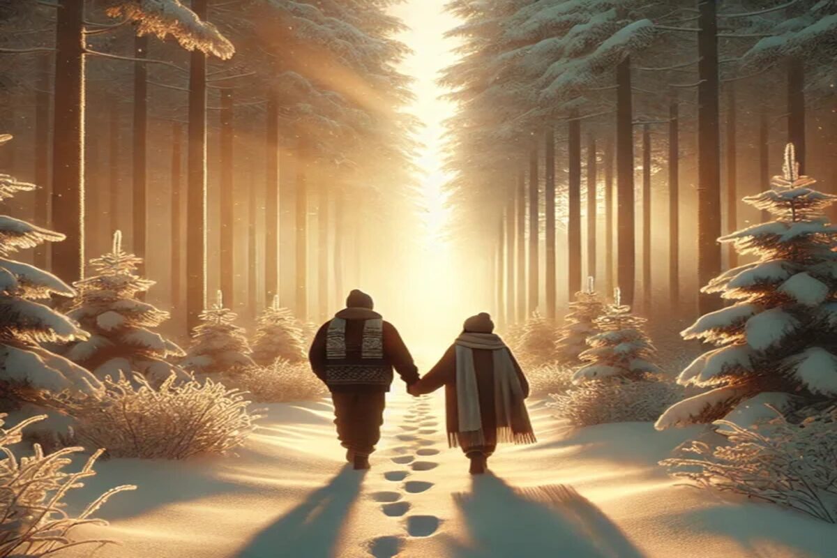Two people walking hand in hand through a snow-covered forest path toward a warm light, symbolizing strength, companionship, and shared support during life’s seasons.