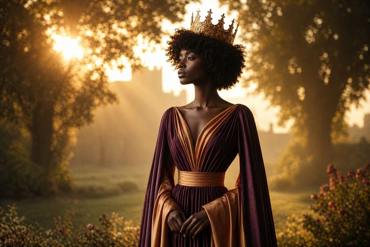 Woman wearing a crown in a quiet forest, symbolizing identity, resilience, and inner strength during seasons of change