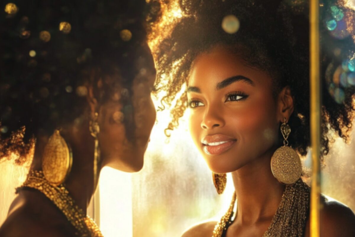 A woman gazes at her reflection in soft golden light, symbolizing self-love, inner acceptance, and sacred self-recognition.