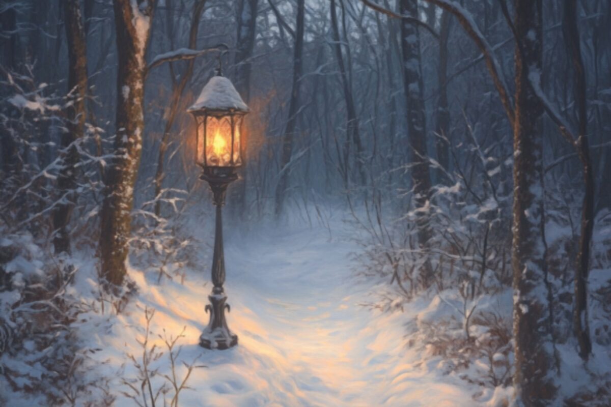 The Smallest Spark — Light in Winter A softly glowing lantern standing along a snowy forest path, symbolizing a small spark of light in winter darkness.