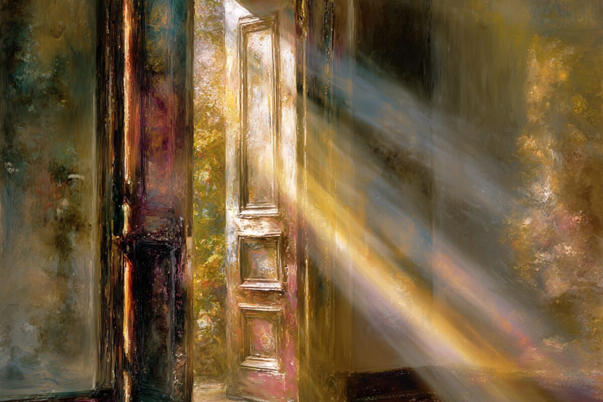 A softly painted door standing slightly ajar as warm sunlight streams through, illuminating a quiet interior space and symbolizing a moment of transition, hope, and opportunity.