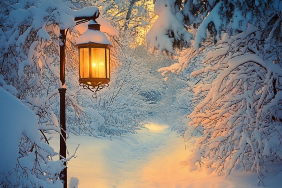 A glowing lantern in a snowy winter landscape, symbolizing the coexistence of light and darkness.