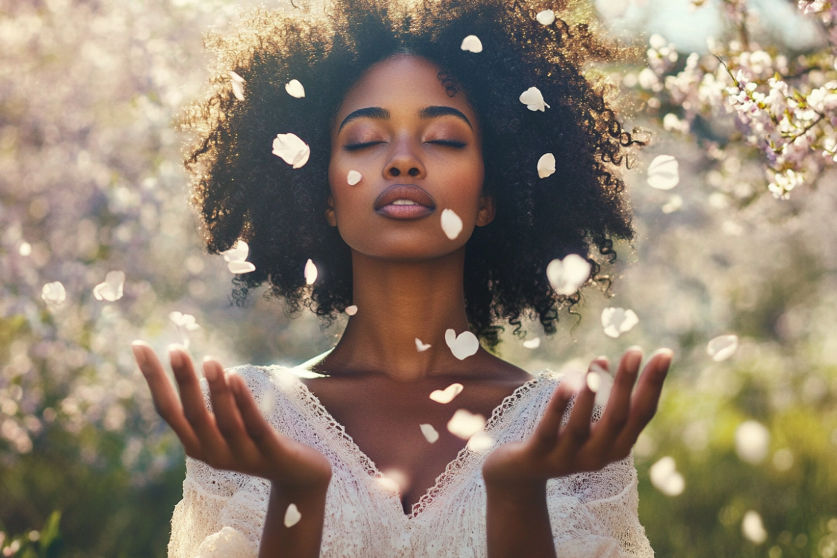 A woman releasing petals into the wind at sunrise, symbolizing letting go and new beginnings