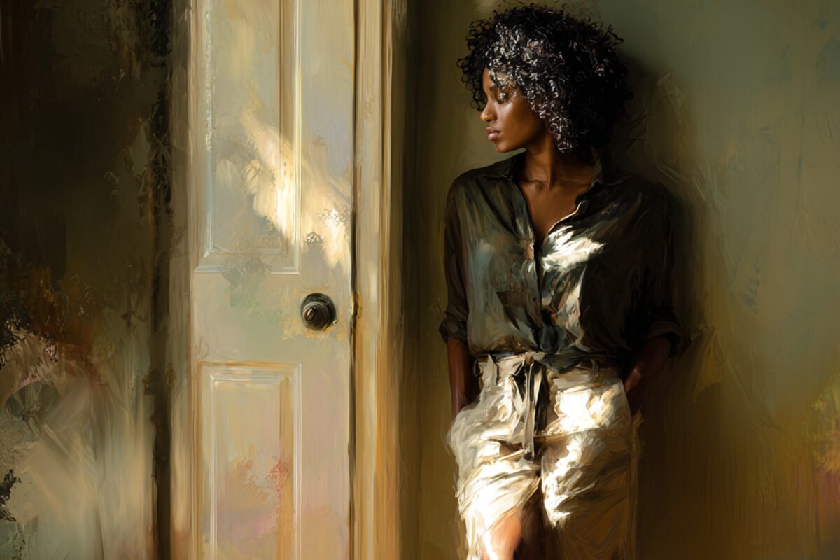 Why You Can’t Move Forward—and What Actually Helps Woman standing quietly beside a door in soft natural light, reflecting readiness for gentle forward movement without urgency