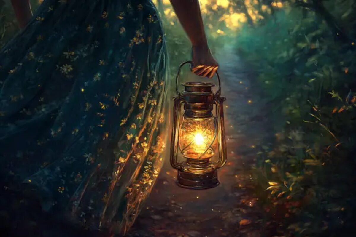 A person walking through a forest path holding a glowing lantern, symbolizing carrying the light of Christ through kindness, love, and faithful presence.