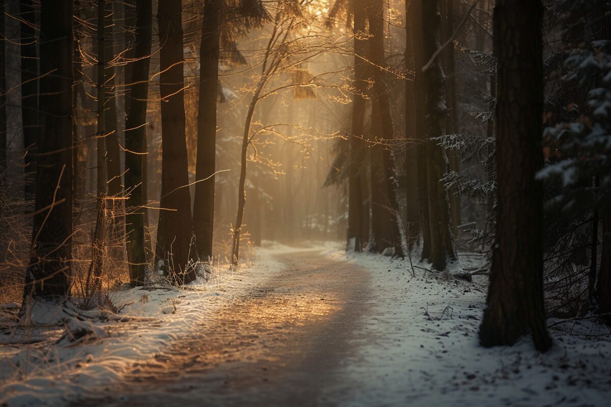 Soft winter light illuminating a quiet forest path through snow-covered trees, symbolizing hope and gentle forward movement during a heavy season.