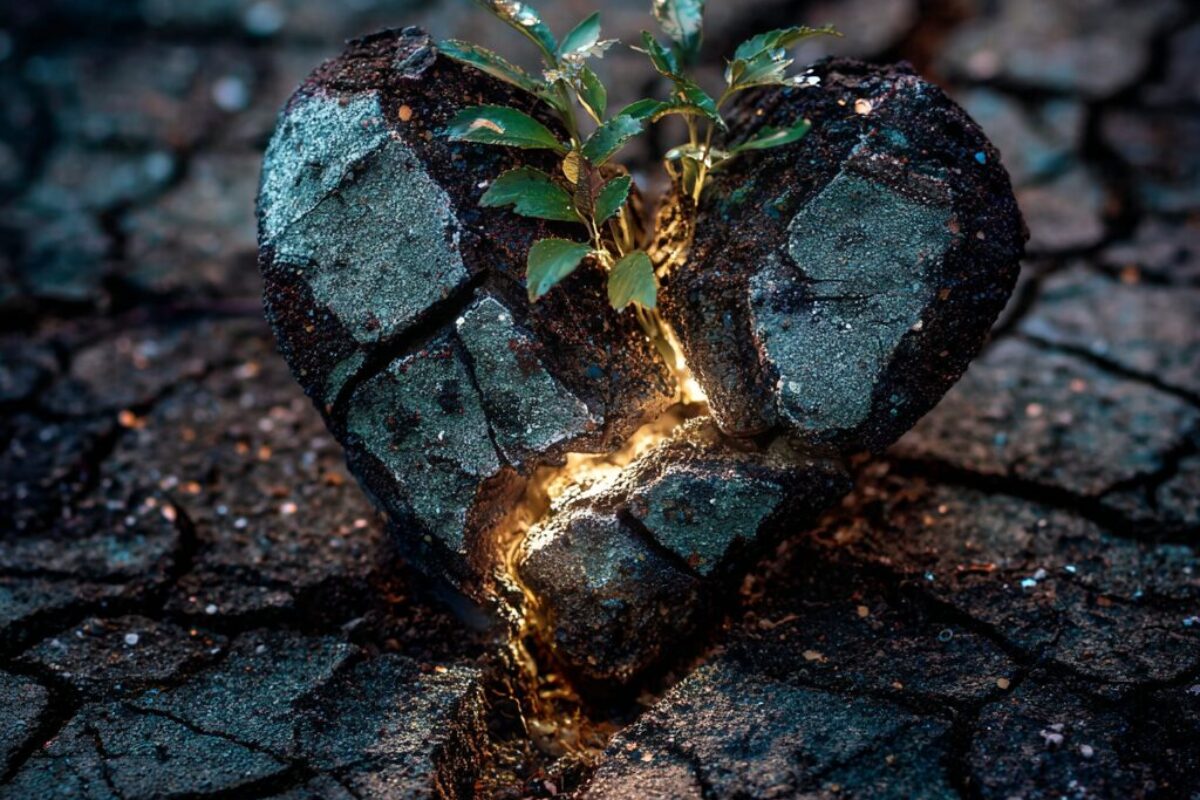 Life Emerging from Brokenness – Grief Isn’t the End A cracked stone heart with new green plants growing through it, symbolizing healing, renewal, and hope after grief.
