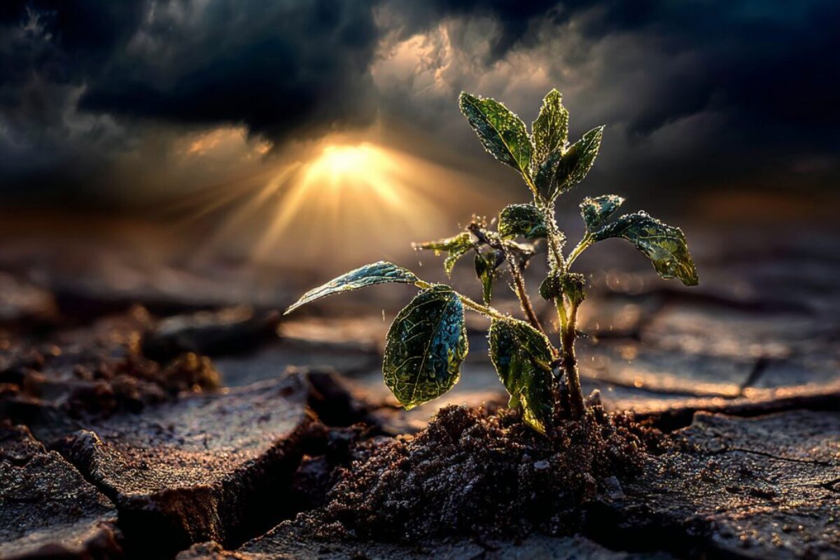 Sprout of Renewal Emerging from Cracked Earth A green sprout growing from cracked, dry soil with sunlight breaking through dark clouds, symbolizing hope and renewal after loss.