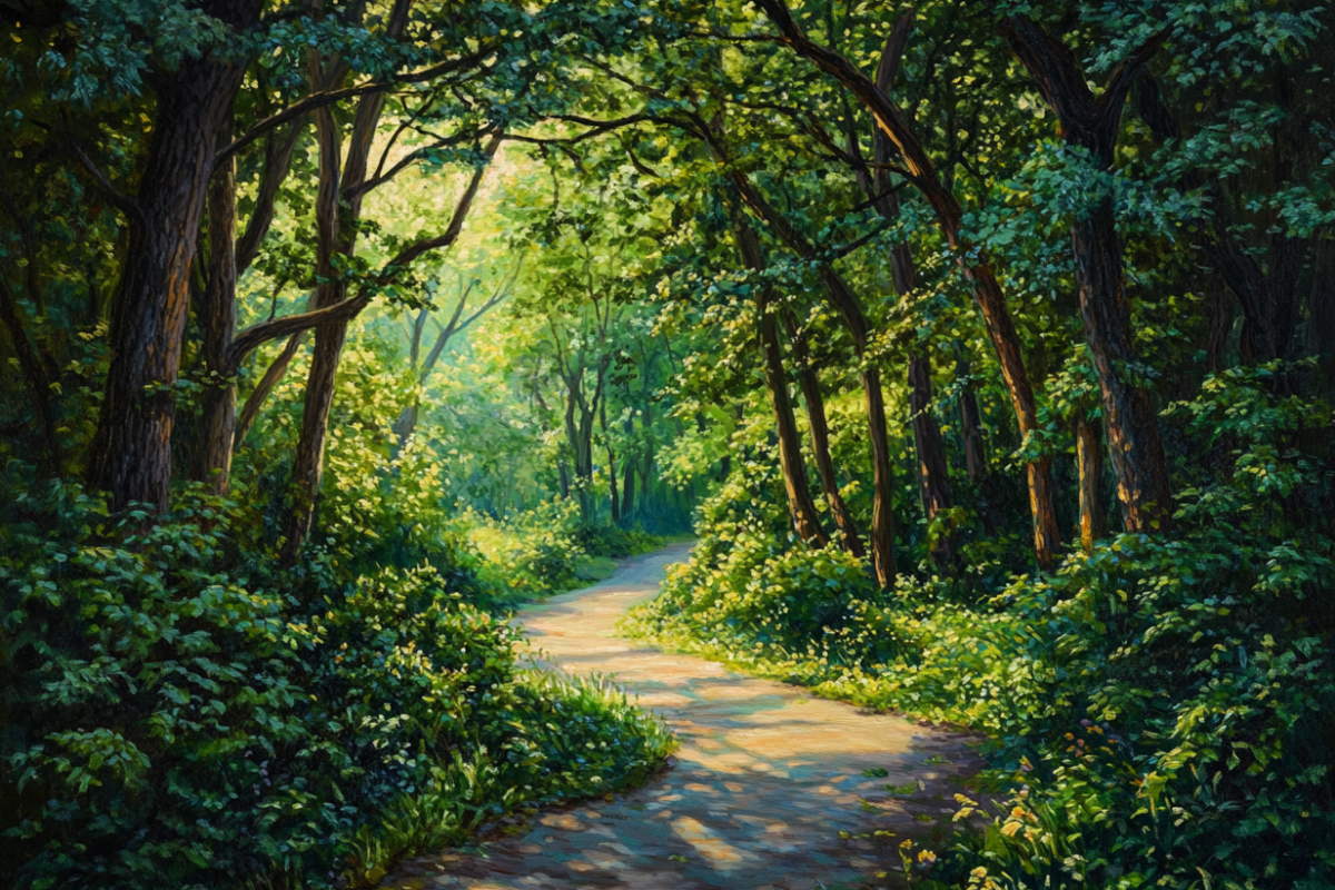 A winding path through a lush green forest, illuminated by sunlight, symbolizing faith and trust in God’s guidance.