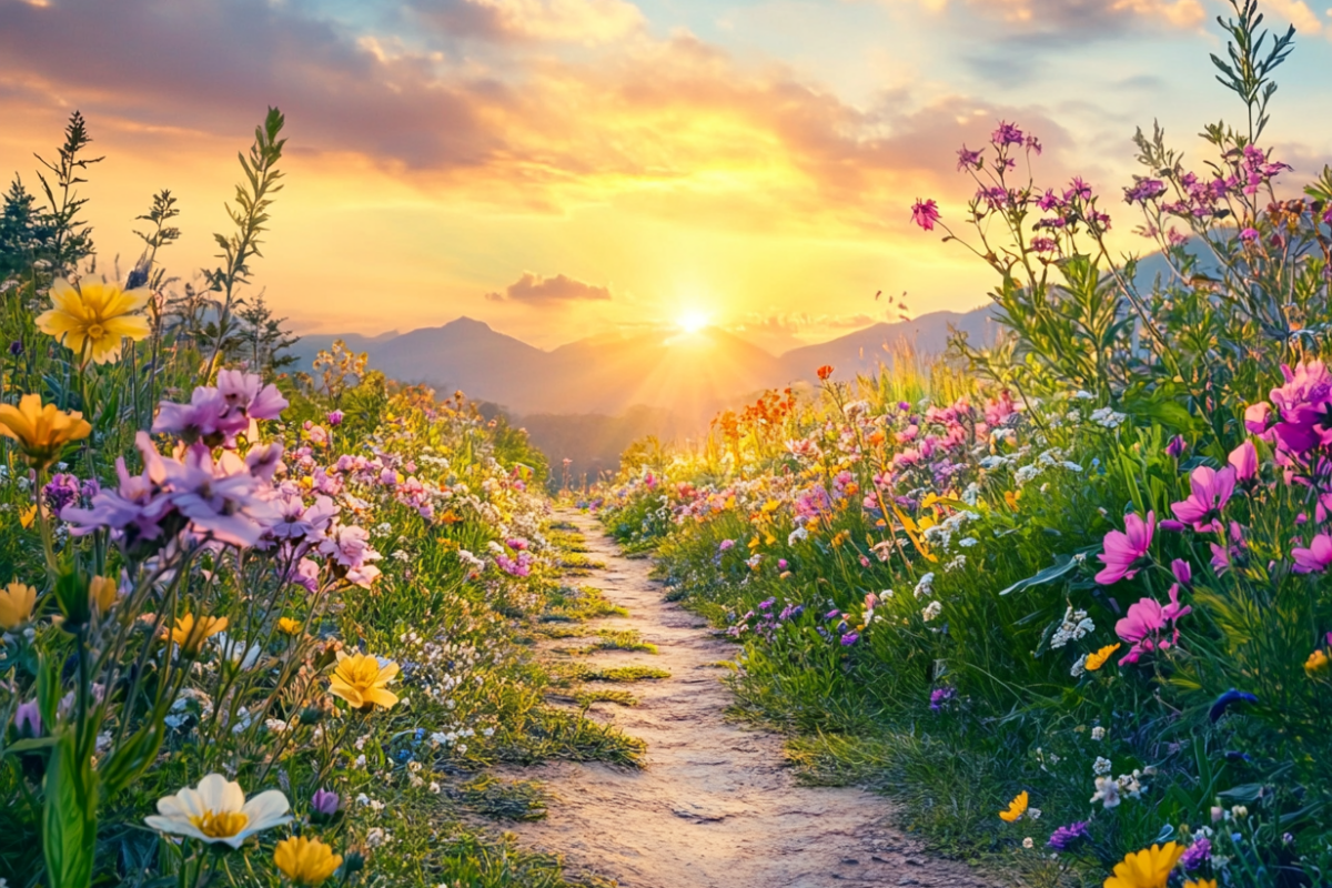 A serene path lined with colorful blooming flowers and green grass, leading toward a radiant sunrise under a gradient sky of warm orange, pink, and gold hues.